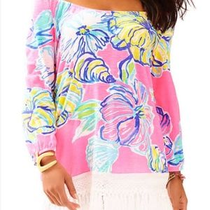 Lilly Pulitzer Size S Pink Yellow Alia Fringe Lightweight Tunic Top; Preowned